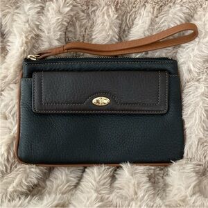 Cole Haan Black and Brown Leather Wristlet with Gold Hardware